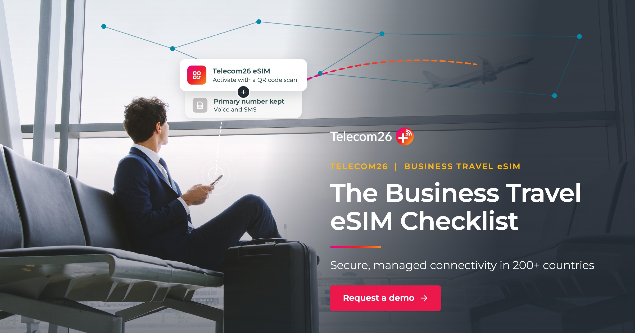 Business traveller using a secure business travel eSIM on a smartphone in an airport lounge